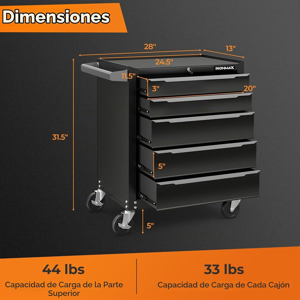 Goplus Cofre de herramientas con ruedas de 5 cajones, gabinete de almacenamiento de herramientas de acero con asa, agujeros para colgar, sistema de bloqueo con llave central