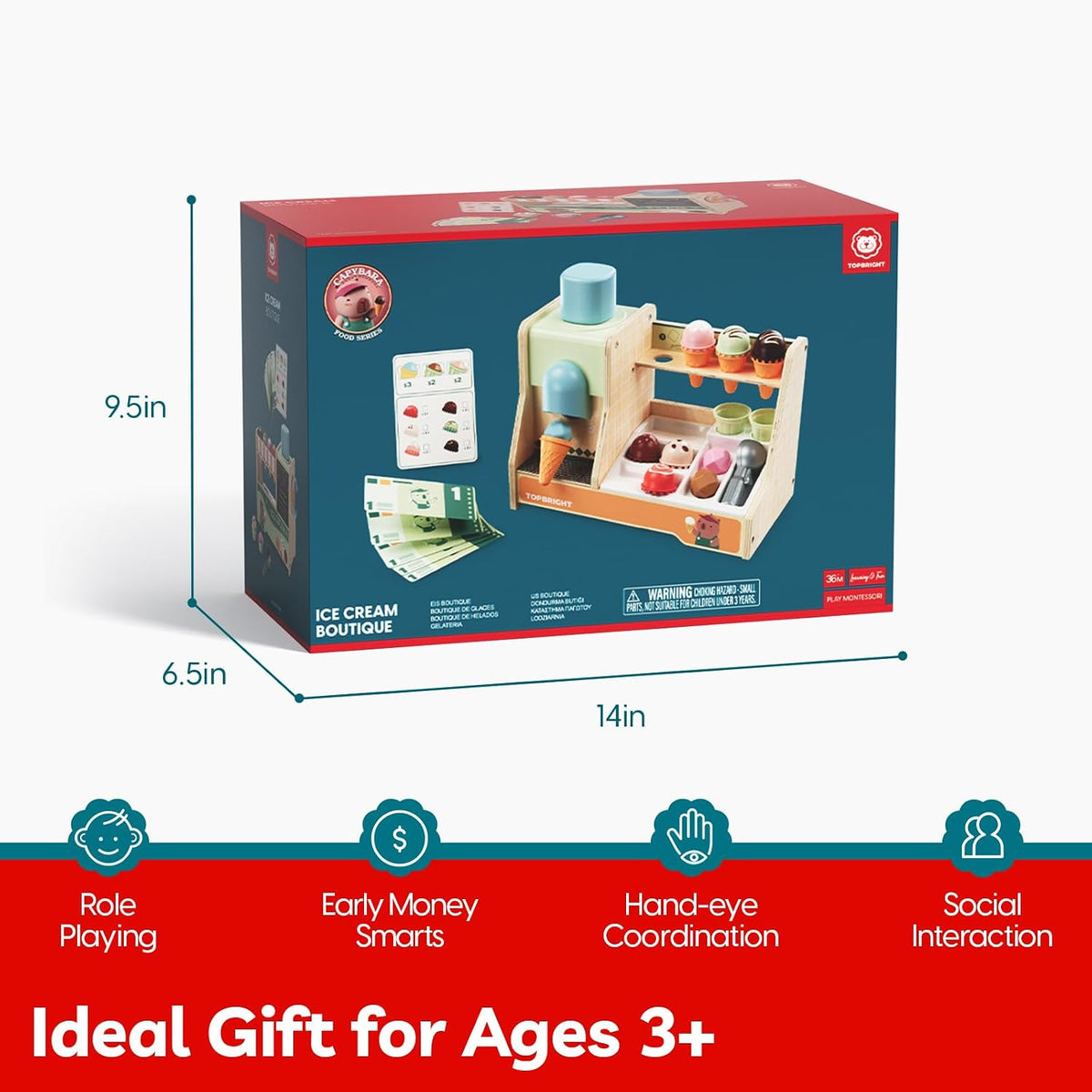 TOP BRIGHT Juguetes de Madera para Juego de Simulación de Helados, Set de Cocina para Niños con Mostrador de Helados, Cuchara y Menú, Juguetes Montessori para Niños y Niñas Regalo Capybara Edad 3+