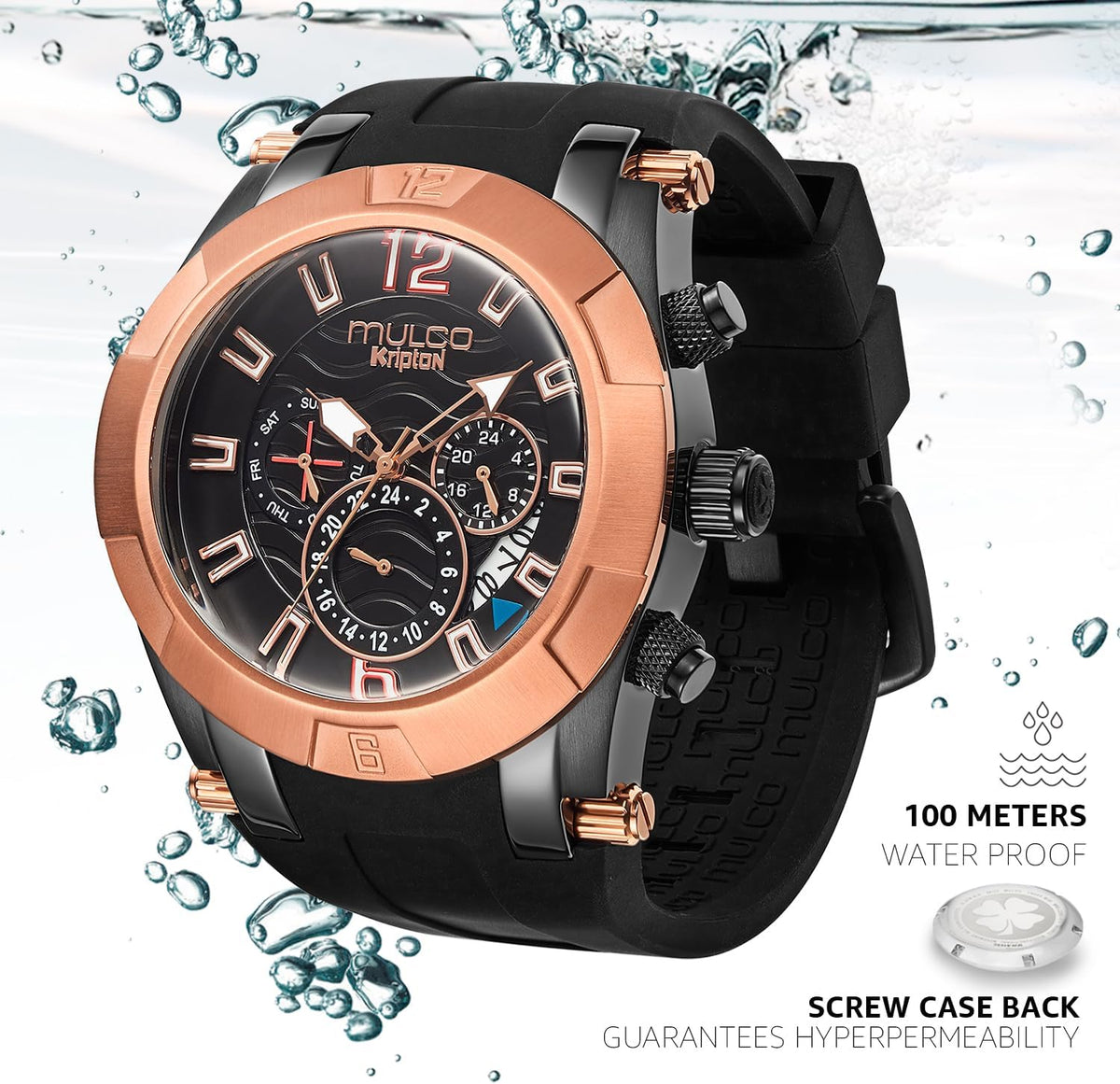 MULCO Relojes para Hombre – Kripton Royale – Caja de acero inoxidable de 46mm, esfera negra con correa de silicona, movimiento de cuarzo multifunción día y fecha, pantalla analógica, acentos en oro