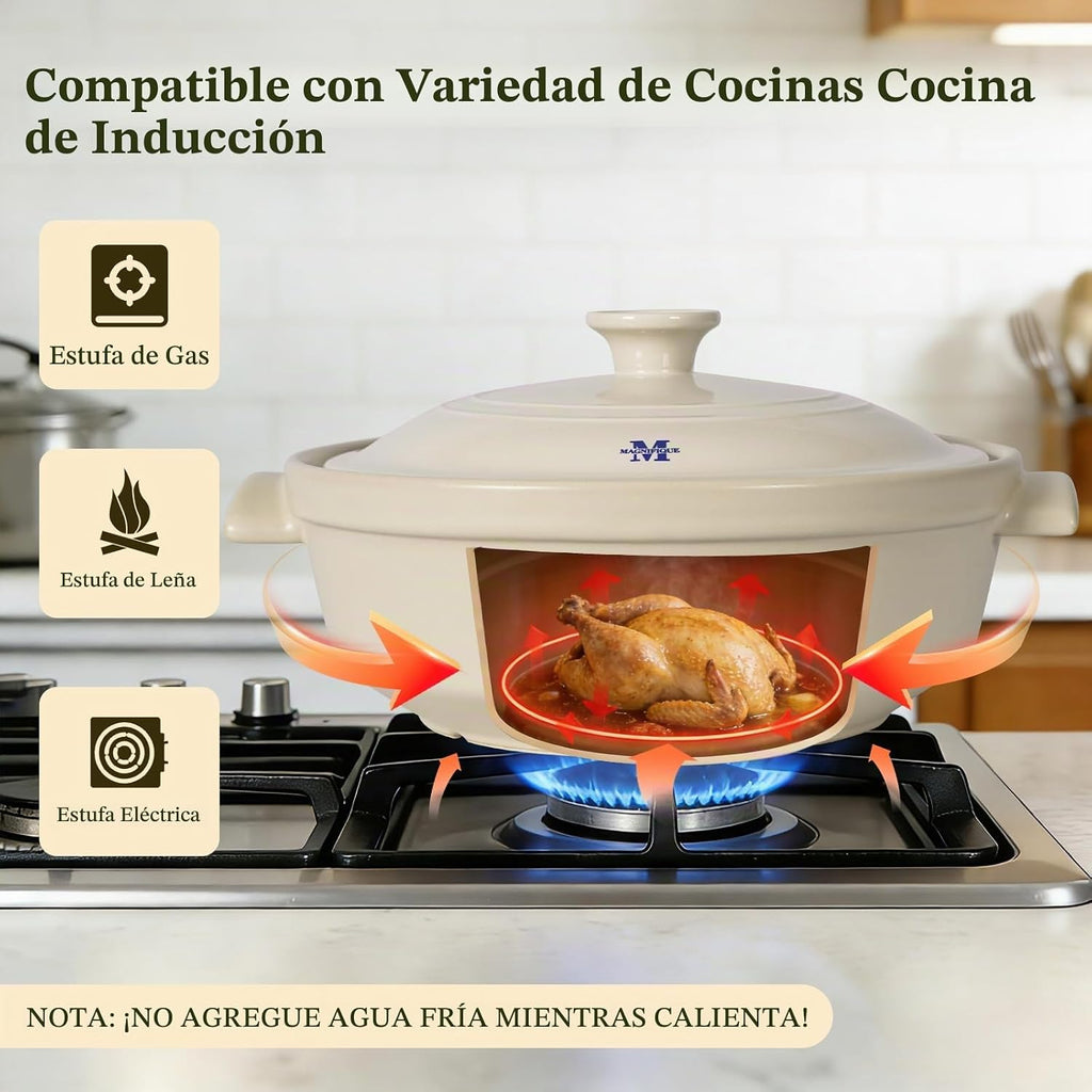 Magnifique - Olla de franela de 5 cuartos de galón con tapa, olla de arcilla natural para cocinar, cacerola no tóxica sin PFAS para horno y estufa, horno holandés para cocción lenta, hornear y servir