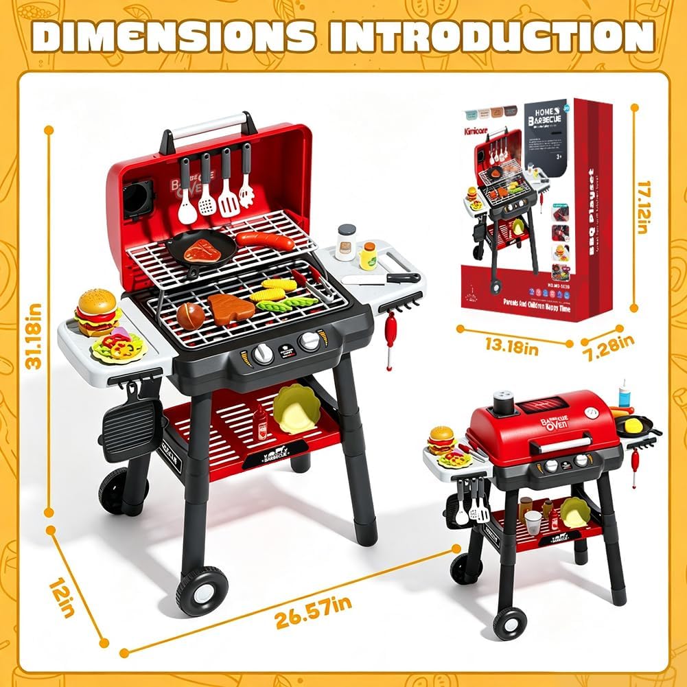 Juego de parrilla para niños, parrilla de juguete para barbacoa con luz de sonido de humo y rueda, juguetes de cocina movibles para niños pequeños de 3 a 5 años, 2 capas de barbacoa, comida, Navidad, regalos de cumpleaños para nietos