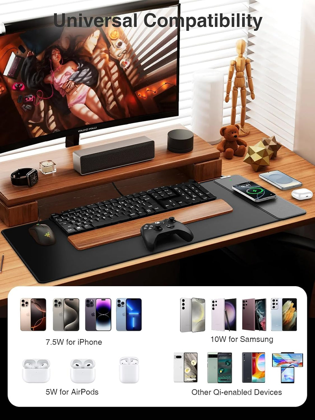 Alfombrilla de mouse 2 en 1 con carga inalámbrica para teléfono, 31.5 x 15.8 pulgadas, grande, superficie lisa impermeable, base antideslizante, sin adaptador