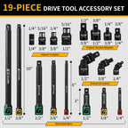 Juego de extensión de impacto 50BV30 de 19 piezas con barras, juntas giratorias, acoplador y adaptadores de unidad de 1/2", 1/4", 3/8"