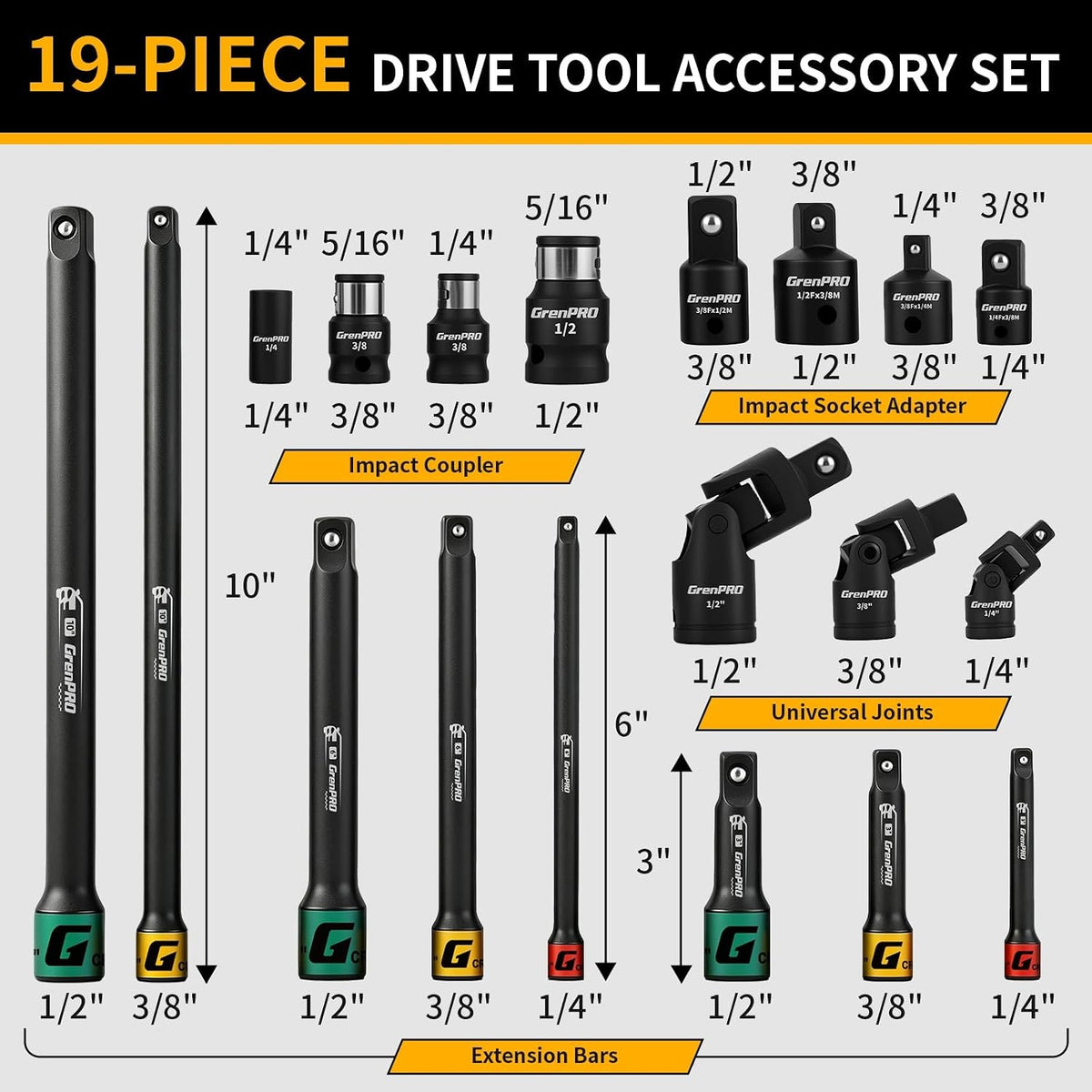 Juego de extensión de impacto 50BV30 de 19 piezas con barras, juntas giratorias, acoplador y adaptadores de unidad de 1/2", 1/4", 3/8"