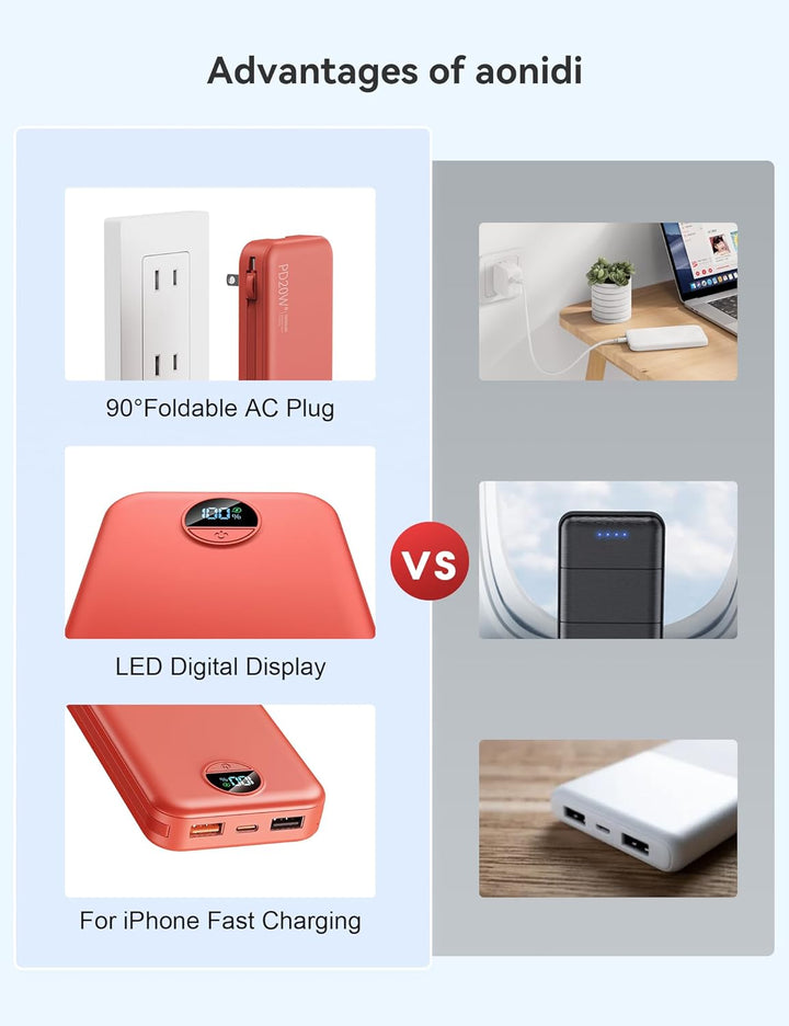 Banco de poder aonidi de 12000mAh ultraportátil con cables y enchuf...