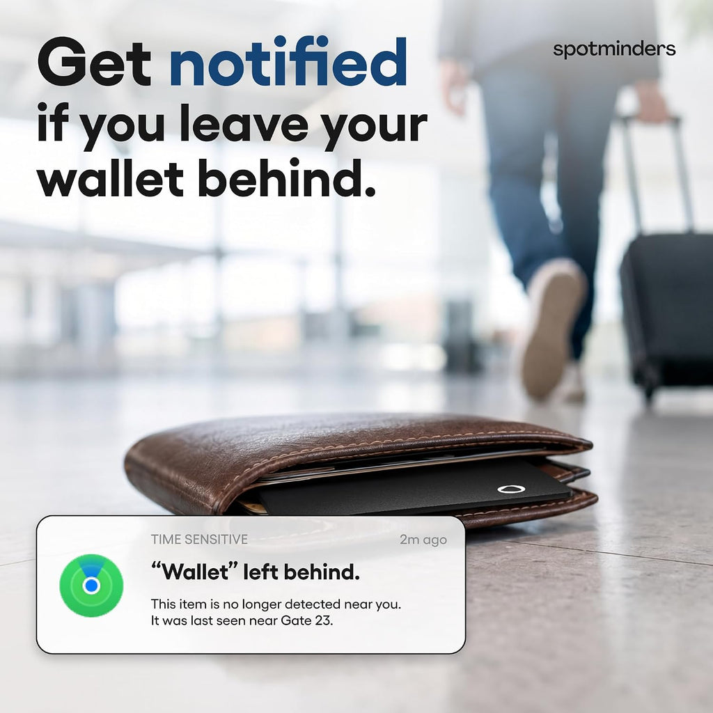 SPOTMINDERS - Tarjeta de seguimiento de cartera con certificación MFi de Apple, color negro, paquete de 4 regalos de viaje para él, funciona con Apple Find My Rechargeable Tracker IP68, impermeable, 0.07 pulgadas, delgado, buscador de artículos para