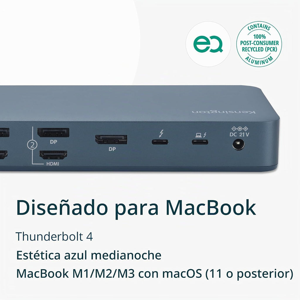 Kensington SD5900T - Estación de acoplamiento DisplayLink Thunderbolt 4, Quad 4K para MacBook Pro/Air M1/M2/M3/M4 con chipsets Pro y Max, 100 W PD, HDMI/DP/TB4, ranuras para tarjetas SD/Micro SD, azul