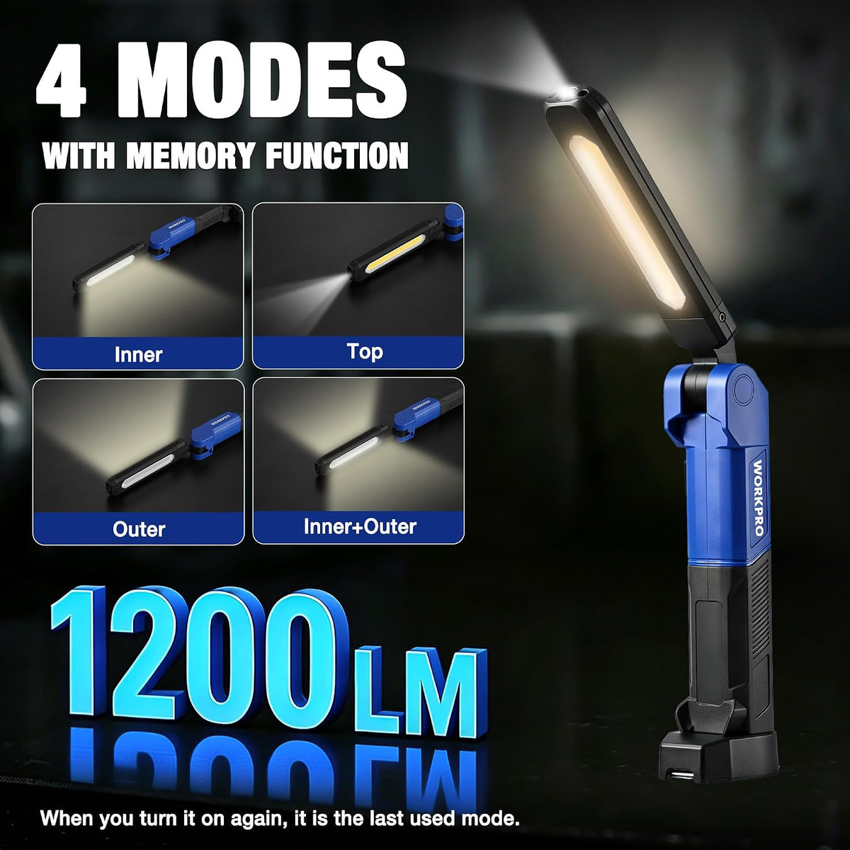 WORKPRO Luz LED magnética de trabajo de doble cara, luz recargable plegable