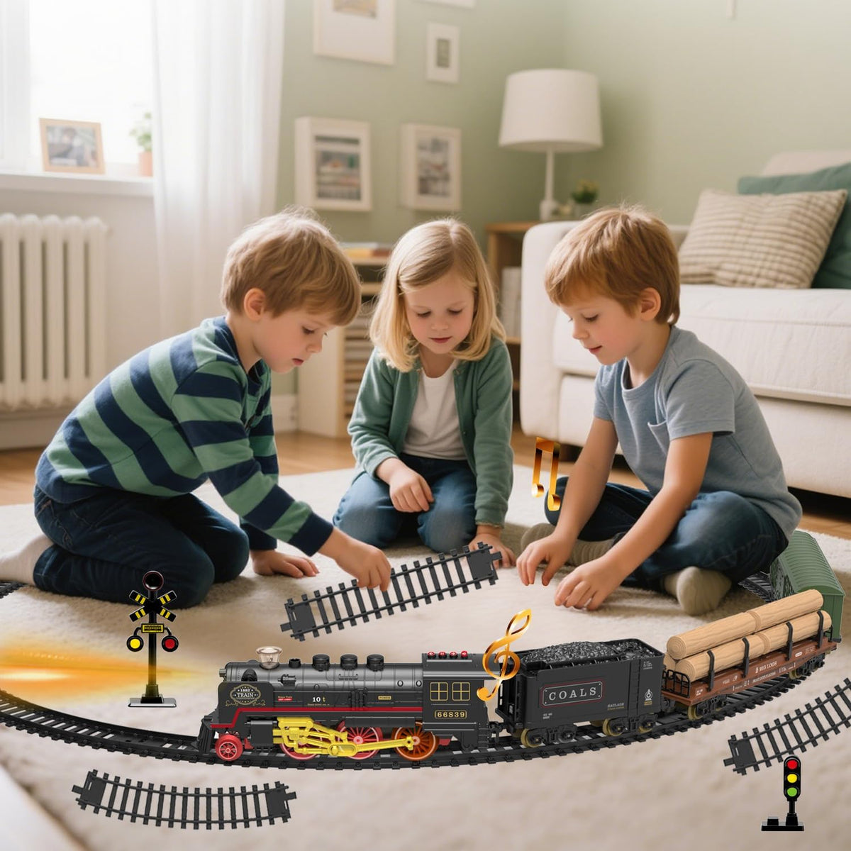 Juego de tren eléctrico para niños, juguete de tren con humo