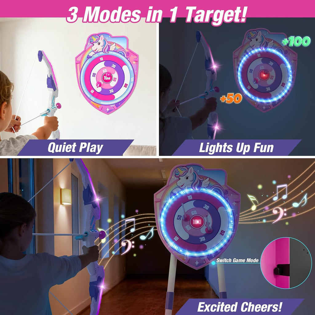 Bow y Arrow para Kids, LED Light Up Archery Set con Unicorn Target