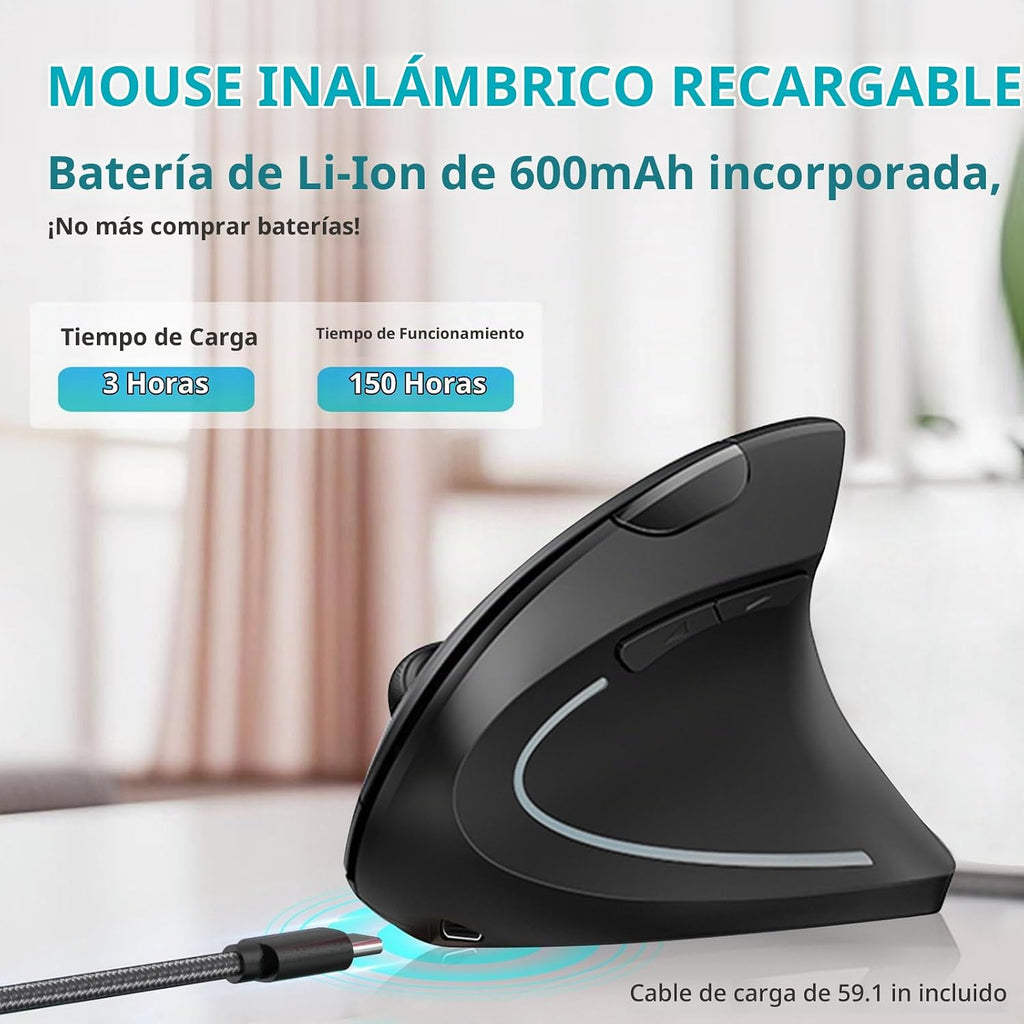 Lekvey Ratón ergonómico vertical inalámbrico recargable USB-C, negro