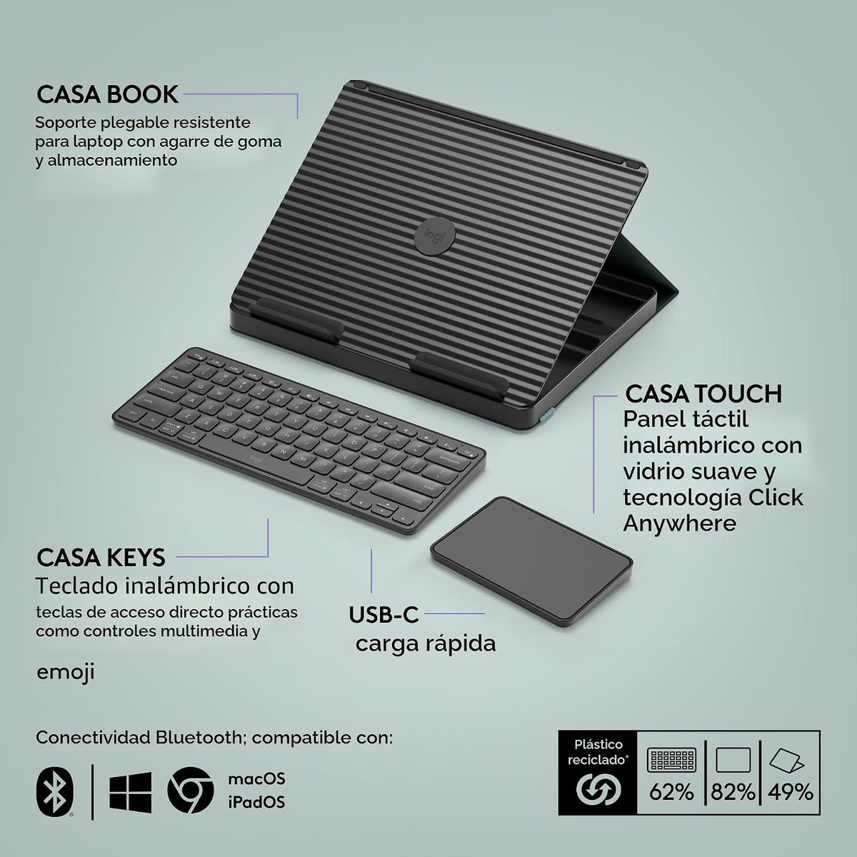 Logitech Casa Pop Up Desk Laptop Stand, teclado & Touchpad - Green/negro