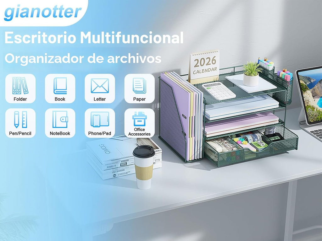 Lámpara gianotter Organizador de escritorio de 4 niveles con cajones, soportes para archivos, bandejas para cartas y soportes para bolígrafos, accesorios de espacio de trabajo para suministros de oficina