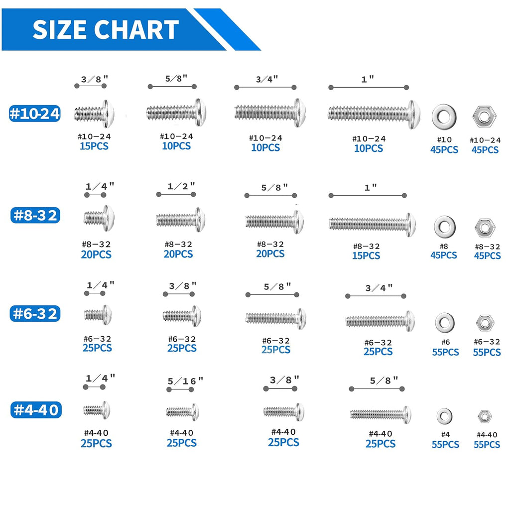 Kit surtido de tornillos de máquina de 720 piezas, #10-24#8-32#6-32#4-40 tornillos Phillips de cabeza plana con tuercas, pernos y arandelas planas surtidas, kit de tornillos de acero inoxidable con