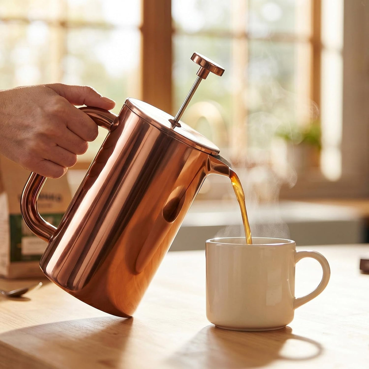 Cafetera de 8 tazas, con prensa de café francesa, 34 onzas, acero inoxidable, resistente, tetera con desatascador de acero inoxidable, Vajilla, Cobre