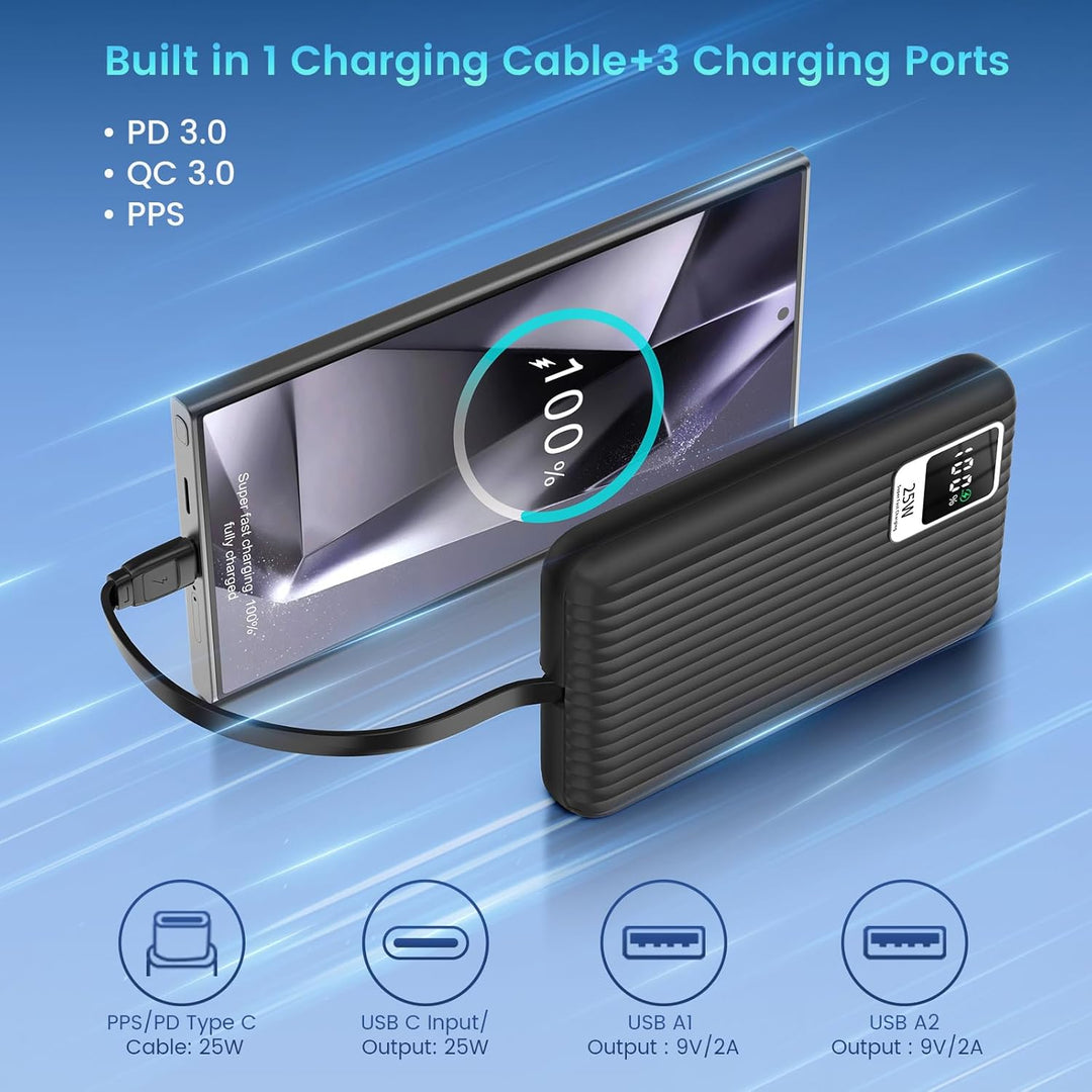 Cargador portátil de carga súper rápida de 25 W con cable integrado...