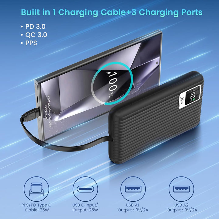 Cargador portátil de carga súper rápida de 25 W con cable integrado...
