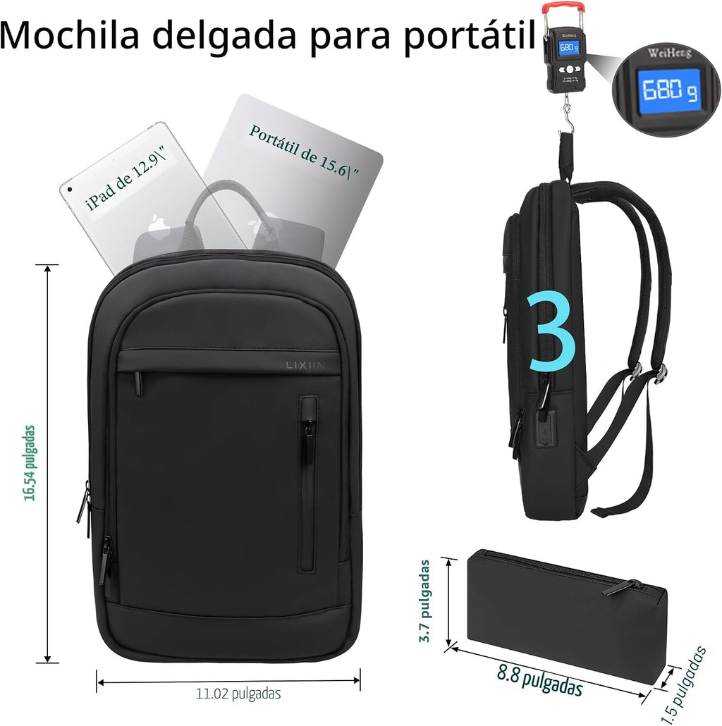 Mochila para hombre, ligera, para viajes de negocios, mochila antirrobo resistente al agua para computadora de 15.6 pulgadas para computadora diaria de oficina y trabajo con bolsa pequeña (negro, 15.6 pulgadas)