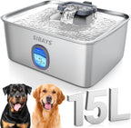 SIBAYS Fuente de agua grande para perros de 4 galones/15L, fuente de acero inoxidable para mascotas con ventana de agua y luz LED, dispensador automático ultra silencioso para perros grandes y múltiples mascotas, fácil de limpiar FS76
