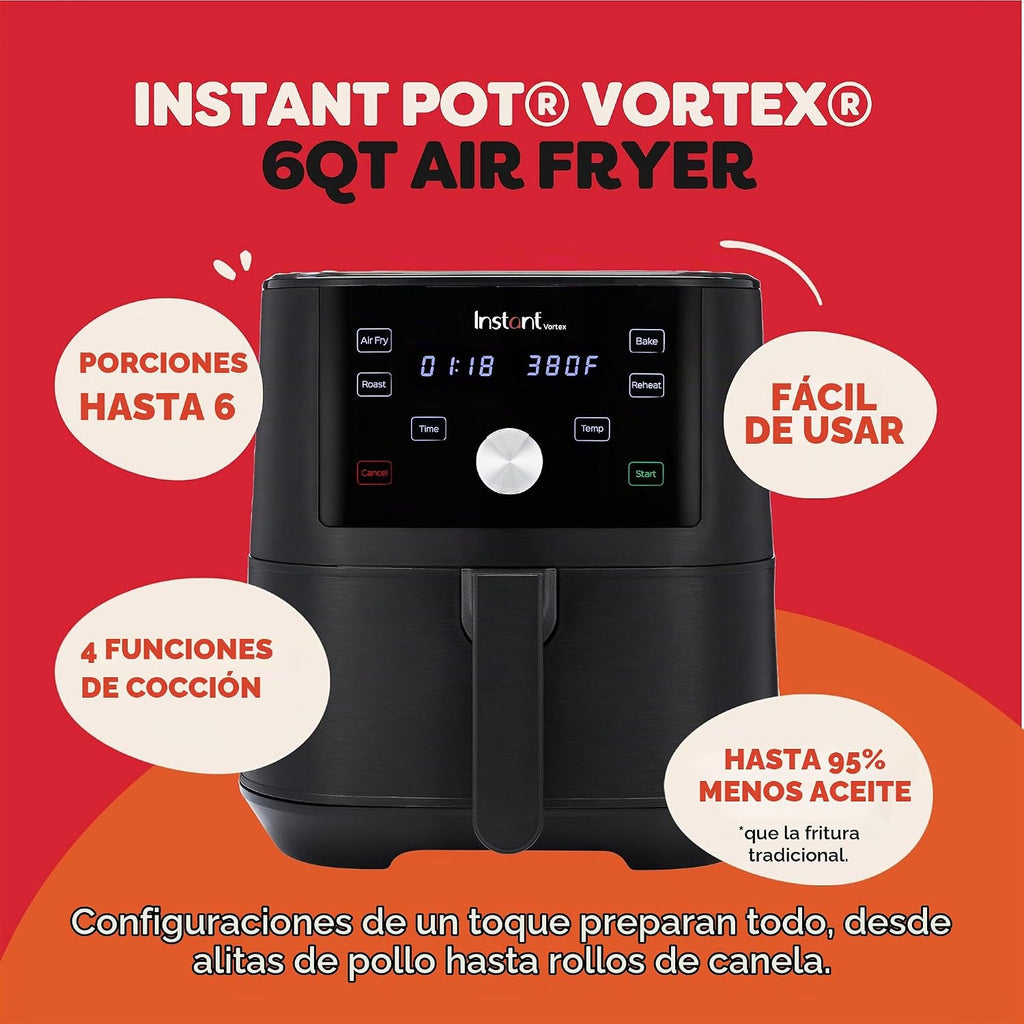 Instant Pot Vortex - Freidora de aire XL de 6 cuartos de galón, funciones 4 en 1 que hace crujiente, asa, recalienta, hornea para comidas rápidas y fáciles, más de 100 recetas en la aplicación, es