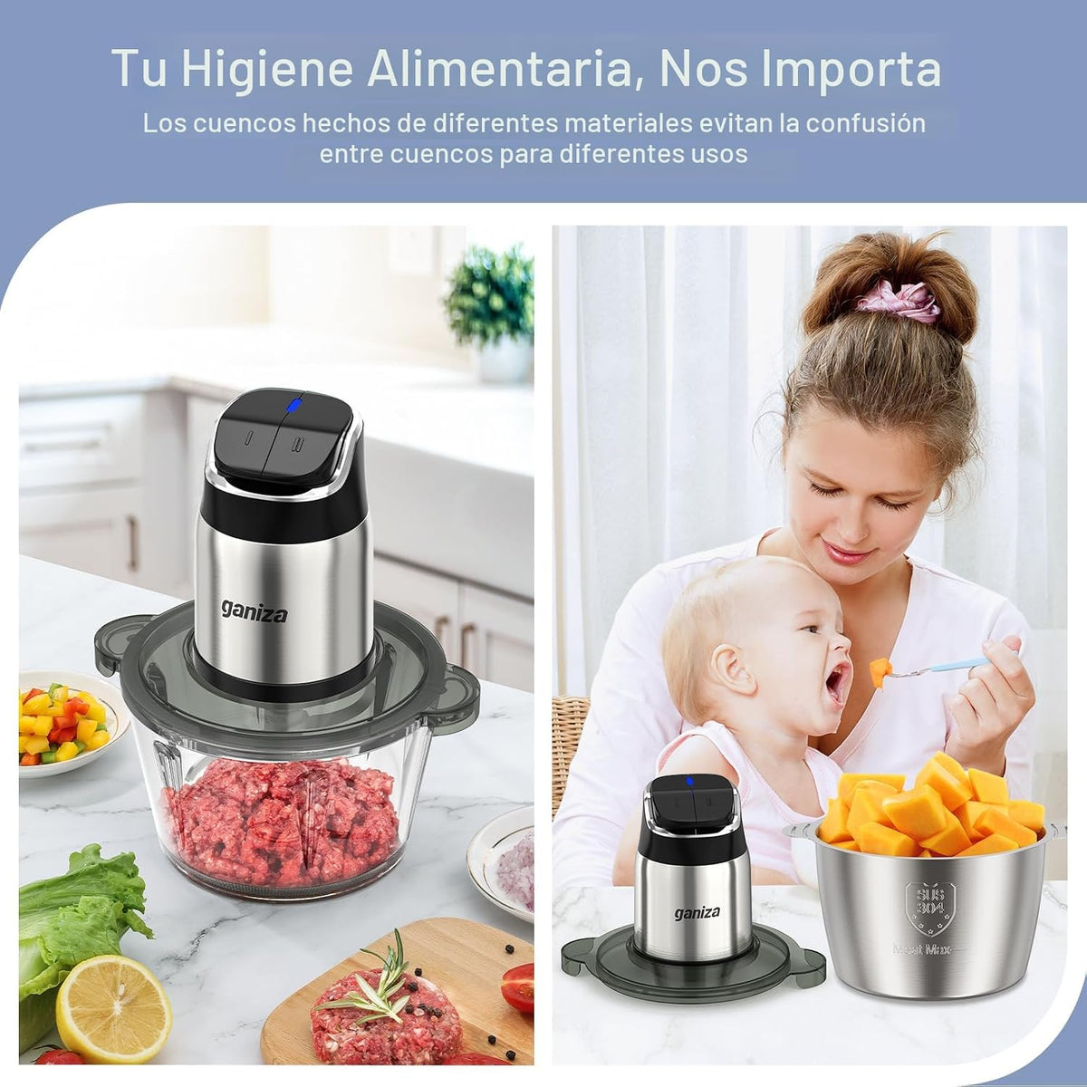 Ganiza - Procesador de alimentos con cuencos dobles, picadora de alimentos de 2 velocidades y picadora de carne