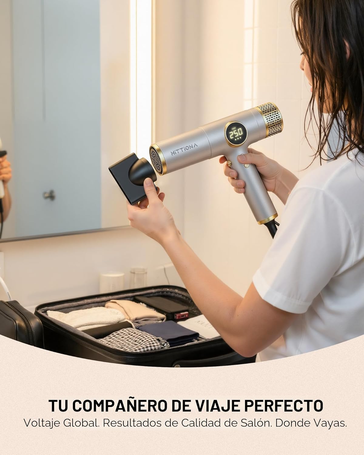 HITTIONA Secador de pelo de viaje de doble voltaje con difusor magn...