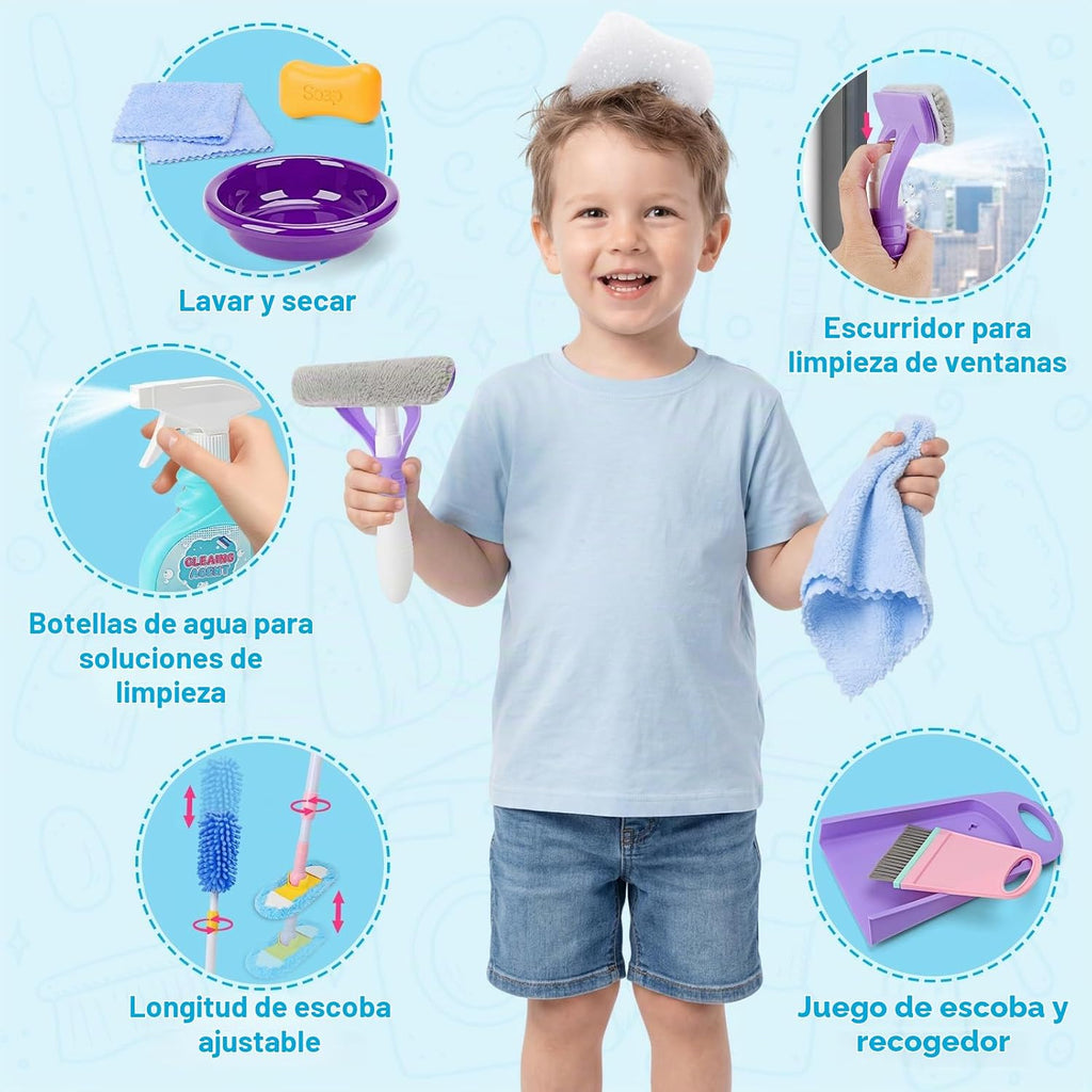 deAO Juego de juguetes de limpieza para niños, 14 piezas, desmontables, con trapeador al vacío, escoba, lavabo, juguetes de limpieza, regalo de cumpleaños para niñas y niños de 3 a 8 años