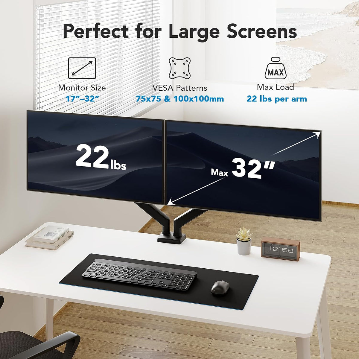 HUANUO Soporte de monitor doble para 2 monitores de hasta 32 pulgadas, cada brazo soporta un máximo de 22 libras, soporte de monitor doble con sistema avanzado, altura ajustable/inclinación/giro/rotación, VESA estándar 2.953 in o 3.937 in