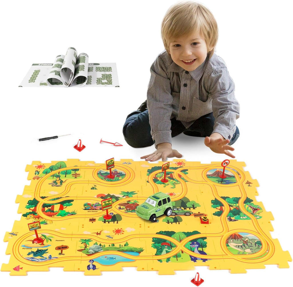 Set de Juego con Rompecabezas de Dinosaurio de Plástico y Pista de Coches para Niños de 3, 4 y 5 Años