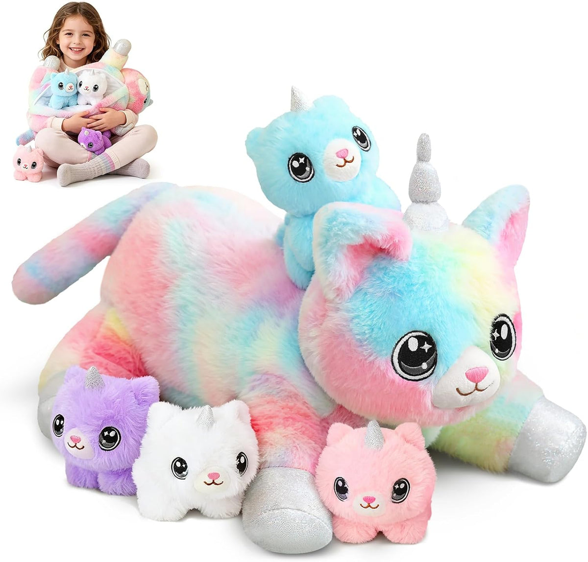 SQEQE Gato Unicornio de Peluche Mamá Gato Unicornio con 4 Lindos