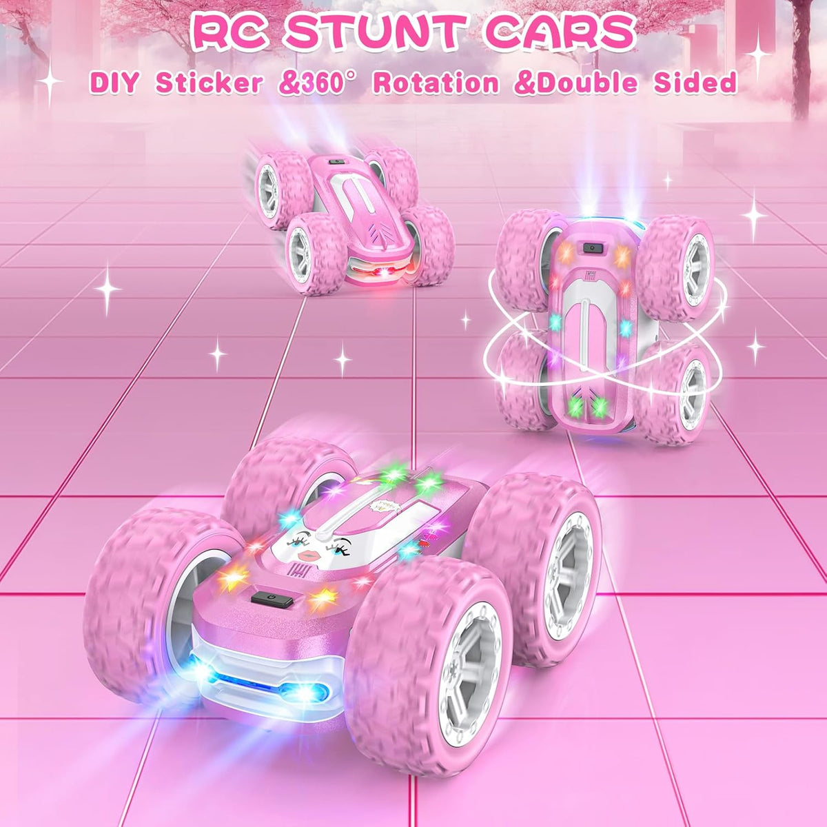 Coche de control remoto rosa para niñas, autos RC para niños con calcomanía de bricolaje