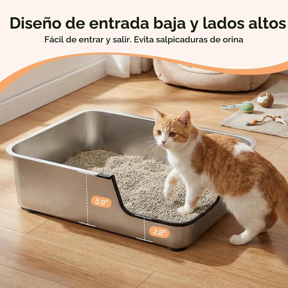 Caja de arena para gatos de acero inoxidable, 17.5 pulgadas de largo x 13.6
