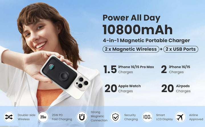 Cargador portátil magnético para iPhone y Apple Watch, 10800 mAh, 2...
