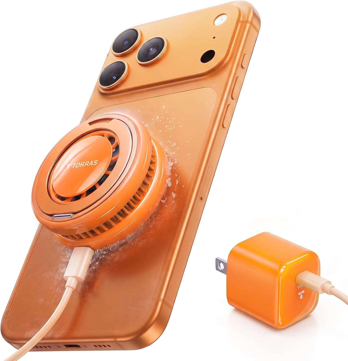 TORRAS PolarCircle Cargador inalámbrico Qi2.2 de 25W, almohadilla magnética refrigerada para iPhone 17/16, cargador inalámbrico para Samsung Galaxy S26/S25 con soporte giratorio 360°, enfriador de juego semiconductor, con adaptador IceNano de 45W