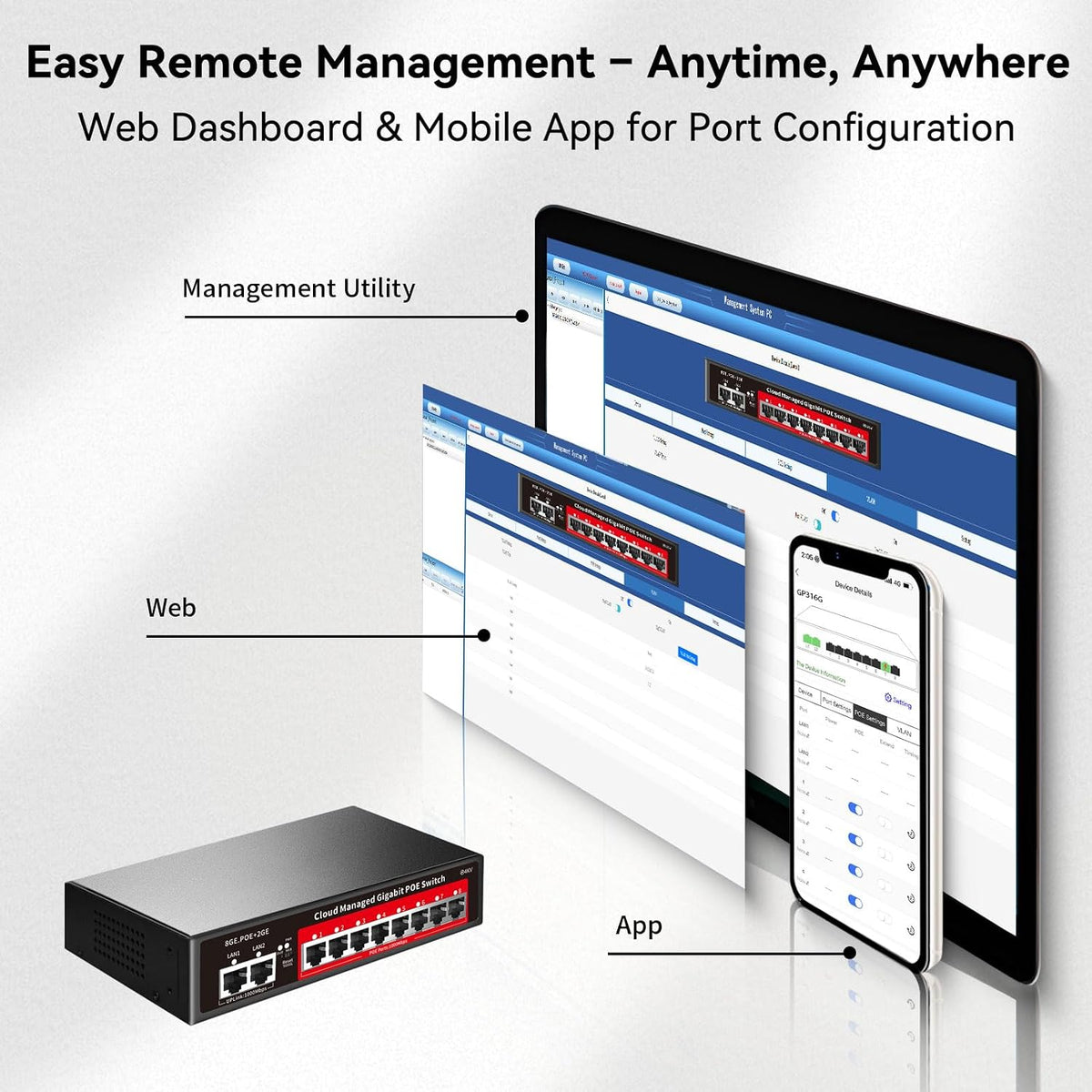 Switch Gigabit PoE de 8 puertos con enlace ascendente de 2 Gigabit, alimentación integrada de 120 W, compatible con 802.3af/at, conmutador PoE+ administrado compatible con VLAN, QoS, metal sin ventilador, Plug and Play (montaje en escritorio/pared)
