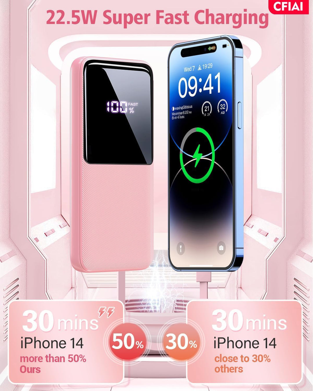 CFIAI Cargador Portátil Power Bank 20000mAh - Rojo Suave