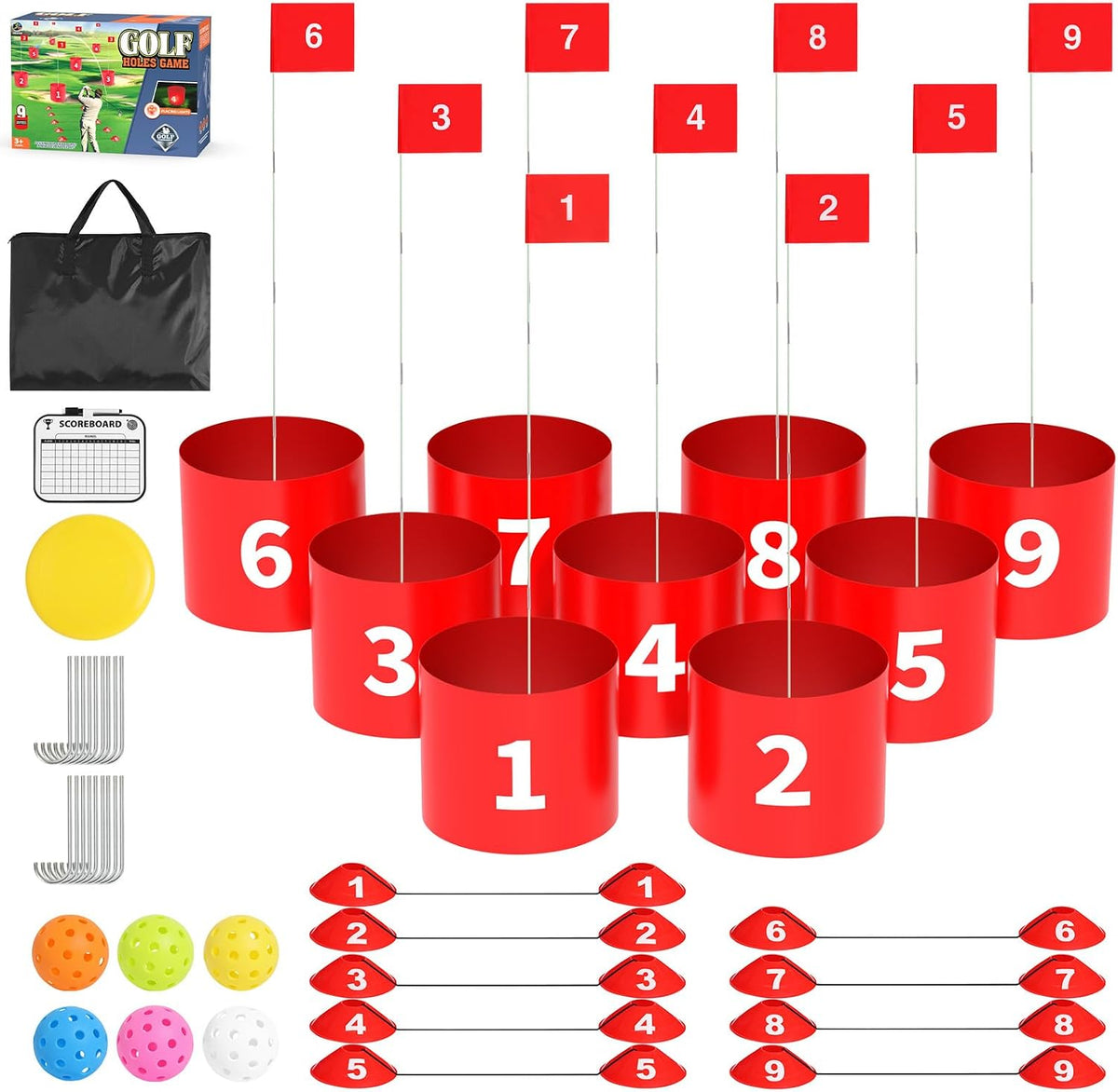 Juego de golf, juego de patio de 9 agujeros para adultos al aire libre/interior, juego de golf de batalla de plástico duradero con bolas, banderas y frisbee - para césped, playa, campamento