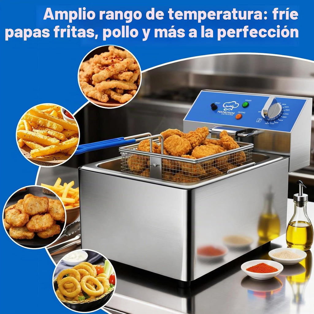 TOPKITCH Freidora Eléctrica Profunda de 6L con Envase de Aceite Extraíble y Asa, Cesta de Malla de Alambre Sólido y Tapa, Freidoras Comerciales Ligeras para Encimera - 120V 1800W