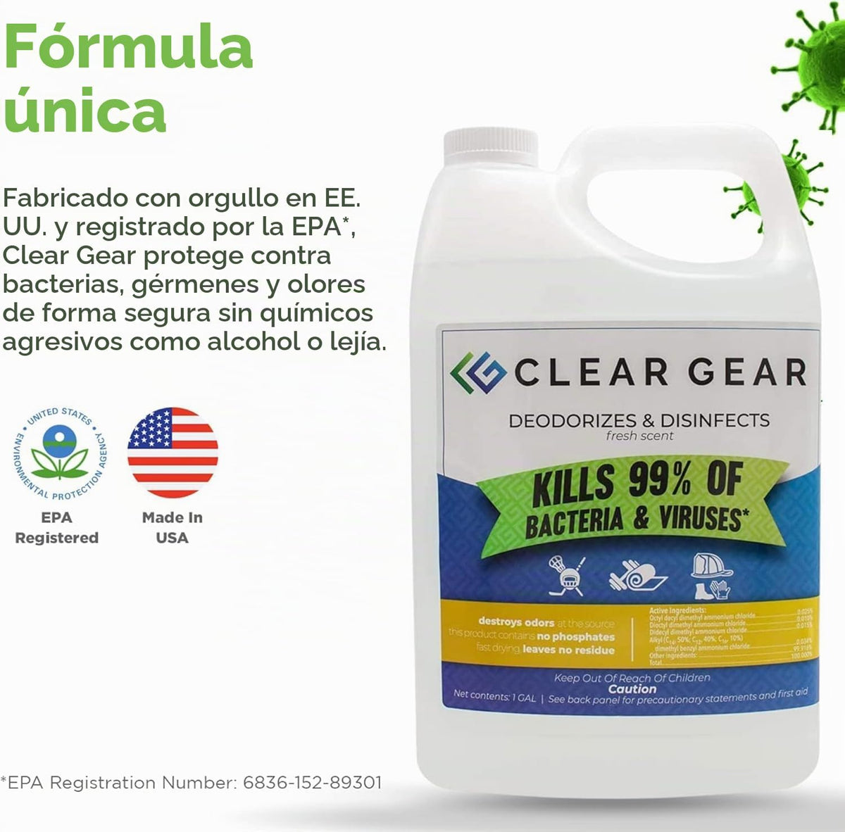 Clear Gear - Desinfectante, Limpiador y Desodorante para Equipo Deportivo, Gimnasios y Centros de Fitness - Certificado por la EPA, Grado Hospitalario, Fabricado en EE. UU. - Botella de 1 Galón