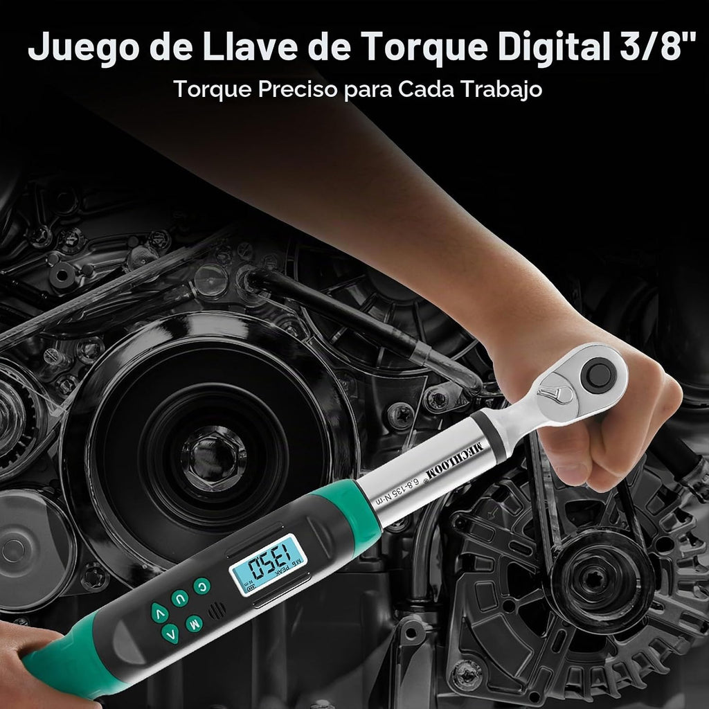 Llave dinamométrica digital, 3/8 pulgadas, 5-99.6 ft-lb, 2% de