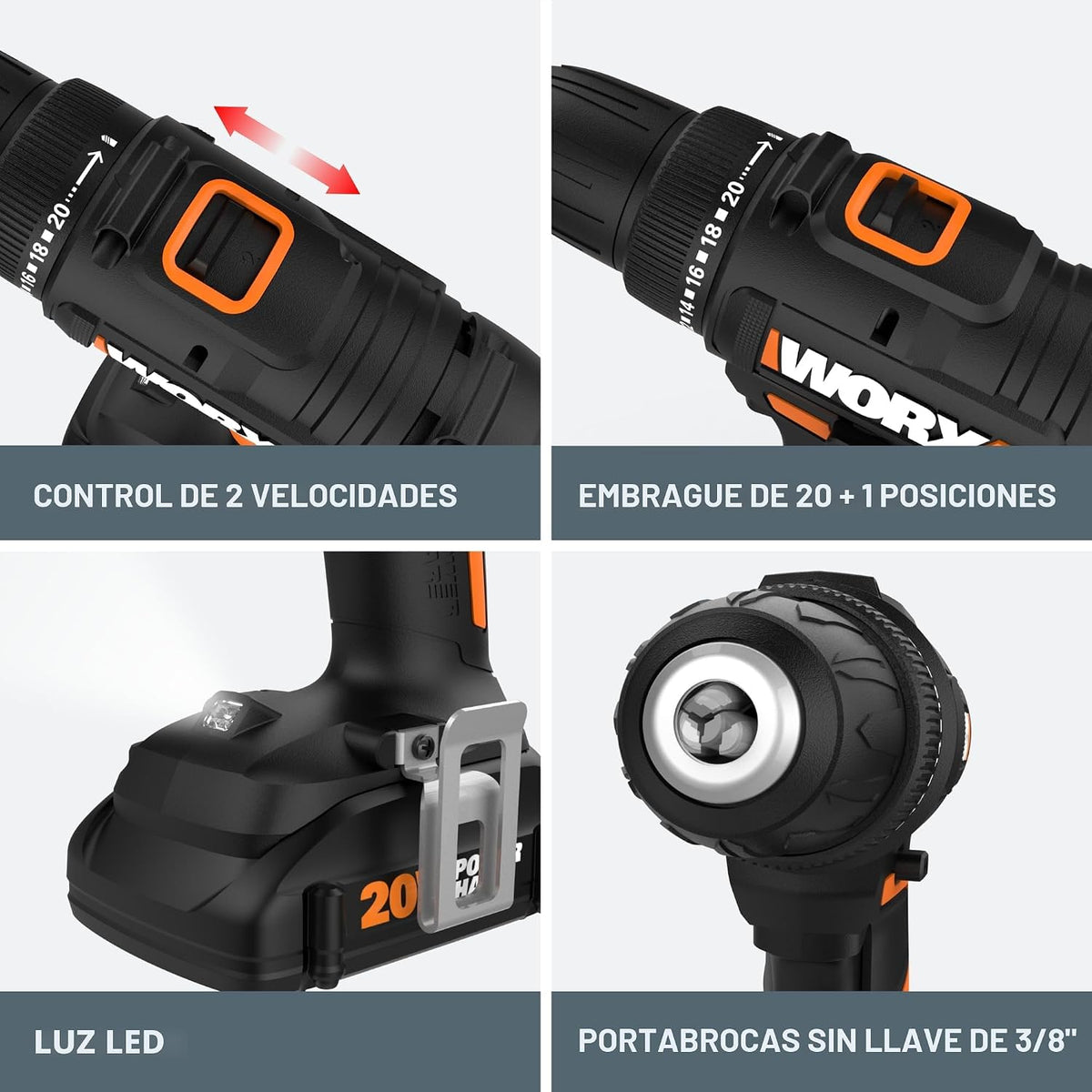 Worx Taladro Atornillador Inalámbrico de 20V, Kit de Accesorios de 84 Piezas, 2 Velocidades Variables, Par de 265 In-Lbs, Embrague 20+1, Ligero, Compacto, Portabrocas sin Llave de 3/8 Pulgadas