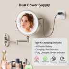 IMIKONA Espejo de maquillaje iluminado de pared de 9 pulgadas, espejo de aumento de doble cara recargable de 4000 mAh 1X/10X con luz, 3 luces de color, regulable al tacto, espejo de maquillaje montado en la pared con brazo extendido de rotación de 360