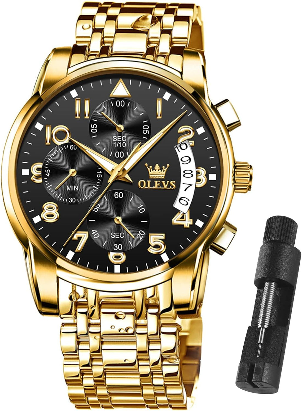 OLEVS Relojes de Oro para Hombres Reloj de Pulsera de Lujo a Prueba de Agua Gran Cara Elegante Acero Inoxidable Analógico Cuarzo Fecha Cronógrafo Luminoso Lectura Fácil Relojes de Negocios Regalos para Hombres Graduación