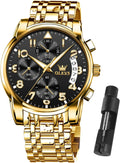 OLEVS Relojes de Oro para Hombres Reloj de Pulsera de Lujo a Prueba de Agua Gran Cara Elegante Acero Inoxidable Analógico Cuarzo Fecha Cronógrafo Luminoso Lectura Fácil Relojes de Negocios Regalos para Hombres Graduación
