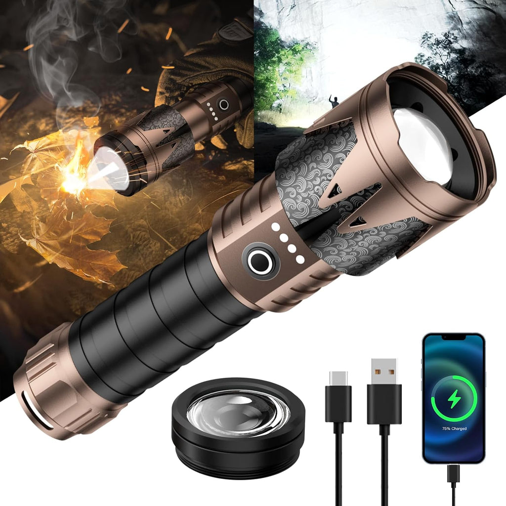 SKYFIRE - Linterna recargable con lente de encendido, 5000 linternas tácticas superbrillantes con zoom de alto lúmenes, 6 modos, luz LED impermeable para camping, artículos esenciales para emergencias