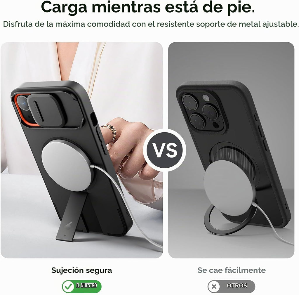 SURITCH Funda para iPhone 15 con cubierta magnética para cámara deslizante y soporte ajustable, compatible con MagSafe, funda protectora delgada a prueba de golpes de 6.1 pulgadas, color negro