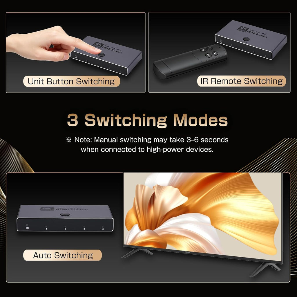 8K @60Hz HDMI 2.1 interruptor 3 en 1 salida con control remoto, 4K @240Hz, CEC