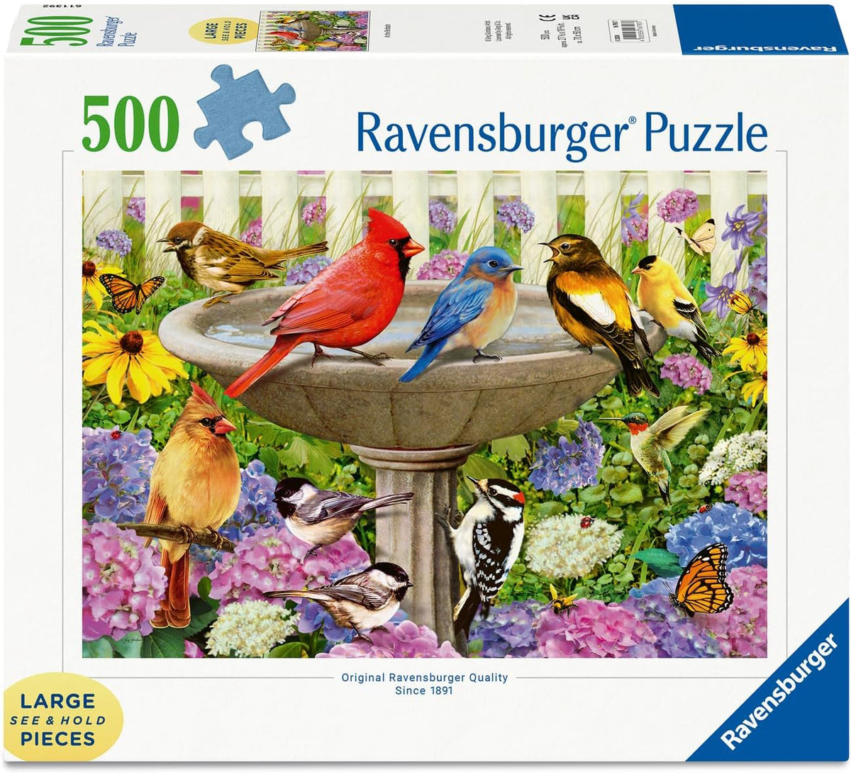 Ravensburger - at The Birdbath - Rompecabezas de 500 piezas de gran formato - Disfruta de la paz y la tranquilidad mientras los pájaros revolotean y revolotean - Enmarcable - Calidad premium