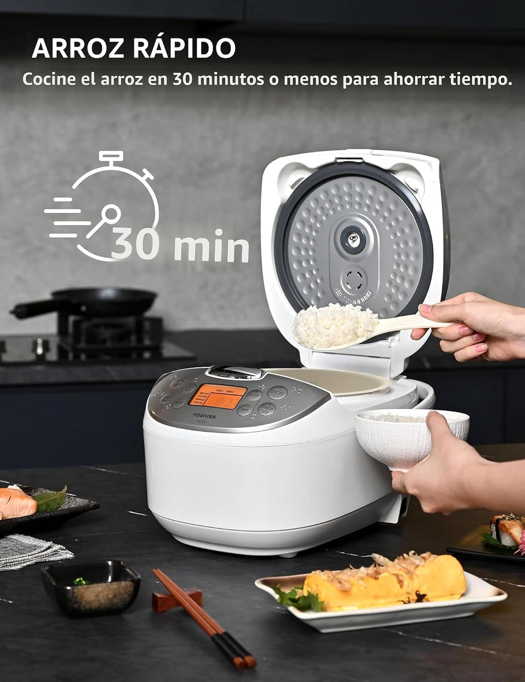 Toshiba Arrocera de 6 tazas sin cocer – Olla de arroz japonesa con tecnología Fuzzy Logic, 7 funciones de cocción, pantalla digital, 2 temporizadores de retardo y mantenimiento automático del calor
