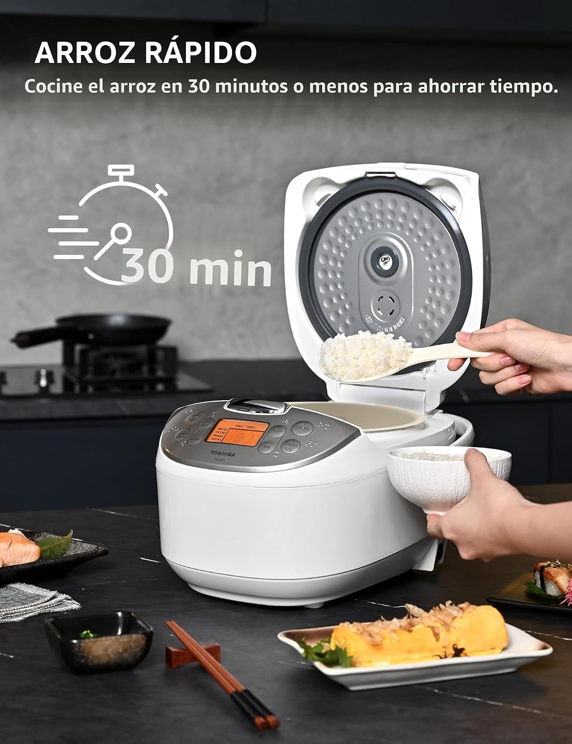 Toshiba Arrocera de 6 tazas sin cocer – Olla de arroz japonesa con tecnología Fuzzy Logic, 7 funciones de cocción, pantalla digital, 2 temporizadores de retardo y mantenimiento automático del calor